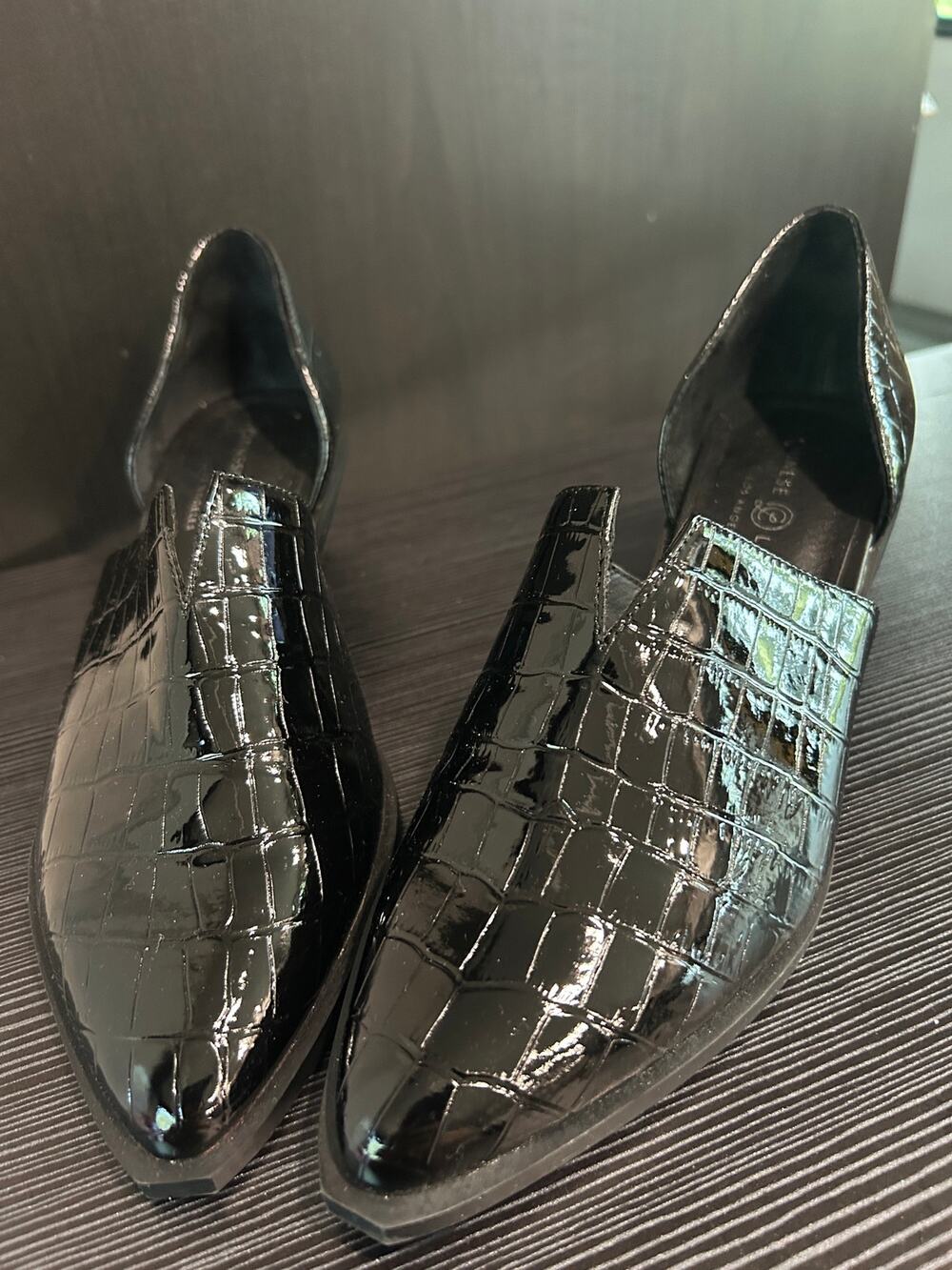 Chinese Laundry Matcha Black Croc Embossed D'Orsay Loafer Block Heel Shoes Sz 9